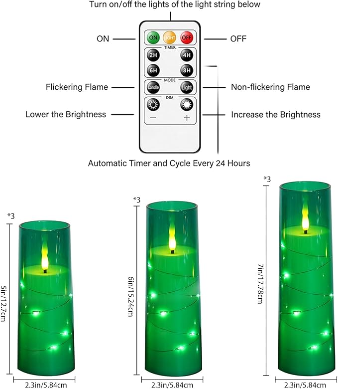 Nimiko Flickering Flameless LED Candles,Battery Operated Candles 9 Pcs with Embedded Star String,Acrylic LED Pillar Candles with Remote,Suitable for Home Decoration to Create an Atmosphere (Green)