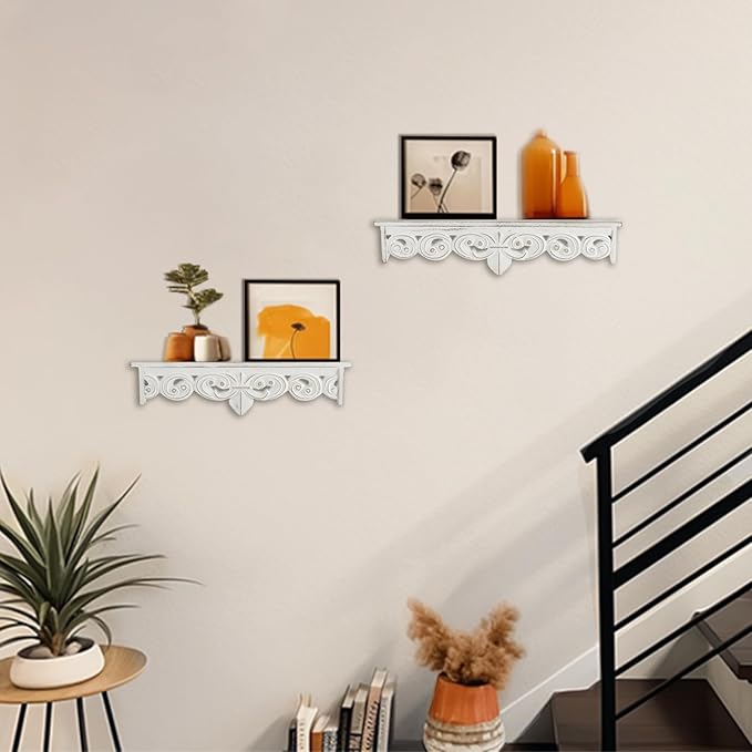 White Vintage Wall Shelves Decor - Antique Floating Shelf Wood Wall French Country Decor Farmhouse Rustic Hanging Shelves for Living Room Bedroom (16.5"+15")