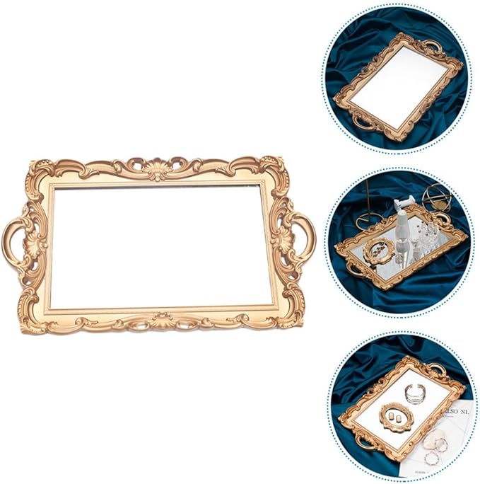 ULTECHNOVO Retro European Mirror Plate Makeup Tray, Golden Rectangular Plastic Cosmetic Storage Organizer for Vanity and Home Décor