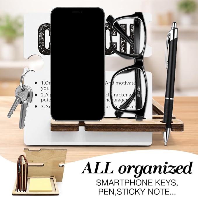 Appreciation Gifts for Coach - Multi-functional Desk Organizer - Motivational Amazing Coach Office Quote Wooden Sign for Office Desk Shelf Decor