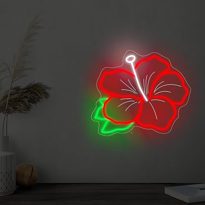Hibiscus Neon Sign Hibiscus Flower Neon Light Hawaii Floral Neon Light Tropical Flower Sign Home Wall Art Decoration, 15"x12", Red