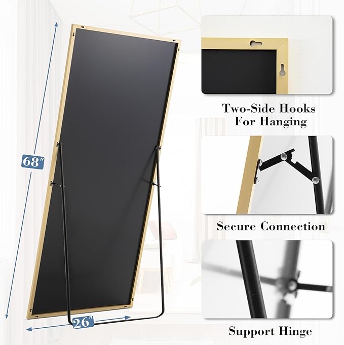 DUMOS 26"x68" Full Length Mirror with Stand, Floor Standing Aluminum Frame, Shatter-Proof Nano Glass for Bedroom, Living Room, Cloakroom – Modern Simple Home Decor,Can Be Hanging or Leaning, Gold
