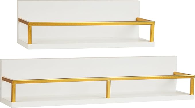 Mind Reader Floating Shelves, Wall-Mounted Office Organizers, Modern MDF Display Storage with Metal Rail, Set of 2, White