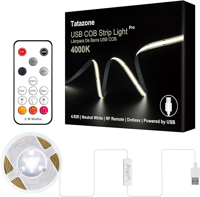 Tatazone 5V USB COB Led Strip Light with RF Remote, 4.92ft Dimmable 4000K CRI93+ USB Powered COB Led Light Strip, Indoor COB Led Light for Cabinet, TV, Camping, Monitor, Showcase, Motorhome