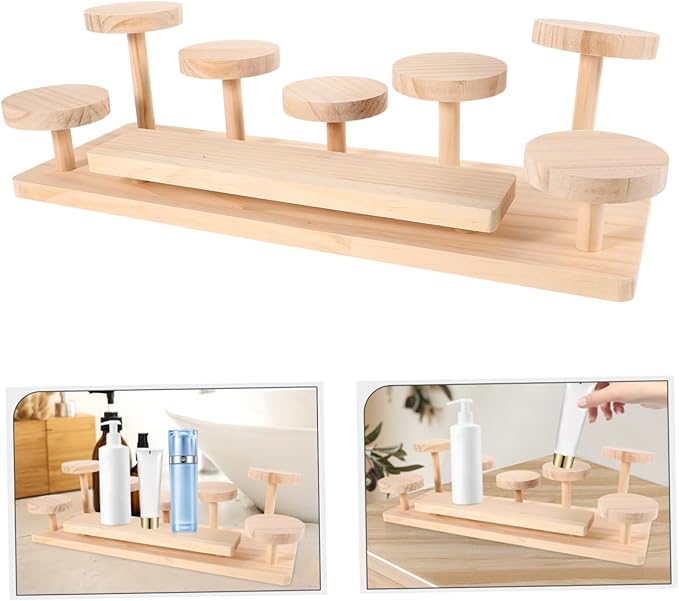 MERRYHAPY Elegant Wooden Perfume Display Stand Cosmetics Shelf Makeup Organizer Skincare Display Desktop Riser