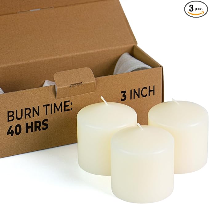 CANDWAX 3x3 Pillar Candle Set of 3 - Dripless Pillar Candles for Home - Elegant Ivory Candles for Relaxing Atmosphere