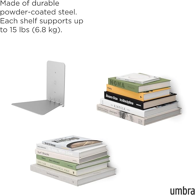 Umbra Conceal, Sturdy Metal Floating Bookshelf for Wall, Silver, Small, Set of 3