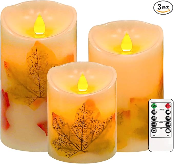Flameless Candles Lights,Set of 3 Maple Leaf Flickering LED Candles with Remote & Timer, Dimmable LED Pillar Candles Battery Operated, Electric Candles for Thanksgiving Halloween Fall Harvest Decor