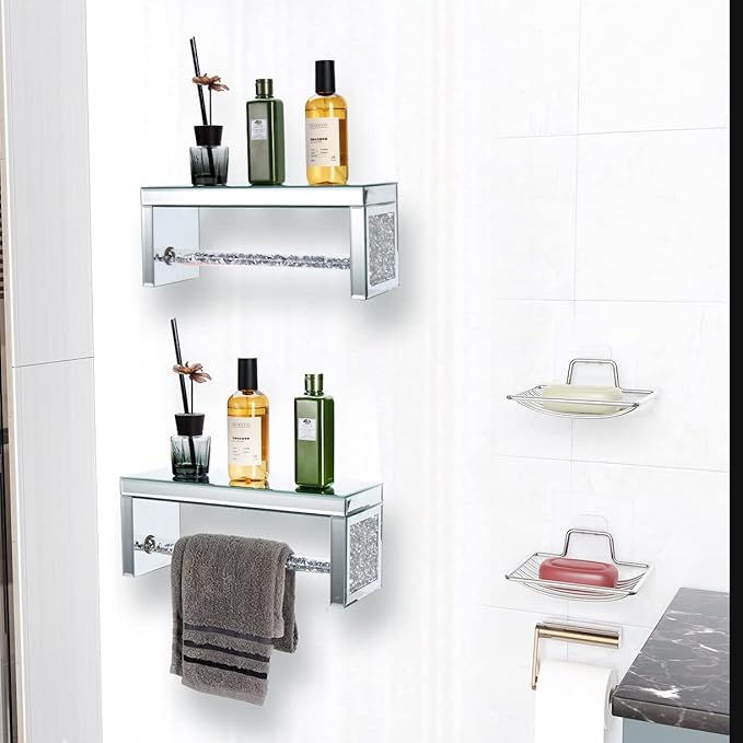 TACIDON Glass Mirrored Wall Shelf. Wall Mounted for Over Toilet. Glamorous Crystal Diamond Glass Towel Bar. Decorative Storage Glass Shelf for Bathroom, Kitchen or Bedroom.(Silver)