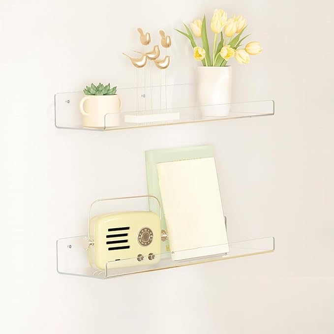 Acrylic Shelves for Bathroom Storage, 15" Floating Shelves Wall Organizer for Perfume, Make up, Skincare, Kids Bookshelf for Bedroom, Nursery, Living Room Decor, Clear 1 Pack