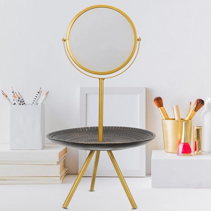 Rotatable Makeup Mirror with Jewelry Tray, European Style Desk Mirror for Bedroom Vanity, Gold Round Tray Cosmetic Organizer and Dressing Table Decor