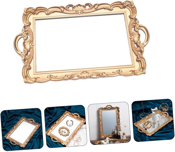 Lurrose Retro European Mirror Tray Decorative Storage Plate for Cosmetics and Perfume, Golden Rectangular Makeup Organizer for Vanity and Photo Props, Household Display Accent