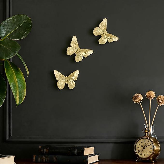 GUSFREUD 3D Butterfly Wall Decor Set – Resin Wall Decorations for Living Room, Bedroom, Garden, Yard, Outdoor and Gallery Walls - Antique Gold - Set of 3