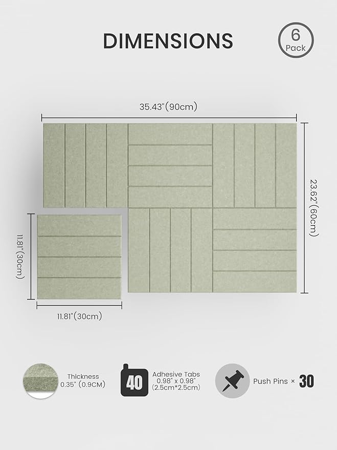 Bumusty Large Cork Board Alternative-36 x 24" Felt Bulletin Board Tiles, with 30 Pushpins, 40 Adhesive Tabs, Bold-Stripe 6-Pack, Cork Boards for Office Push Pin Board Felt Board-Sage