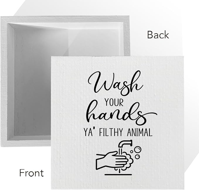 Funny Rustic Bathroom Decor Wooden Box Sign 5x5 Inch - "WASH YOUR HANDS YA' FILTHY ANIMAL" Humorous Restroom Shelf Table Decoration for Home