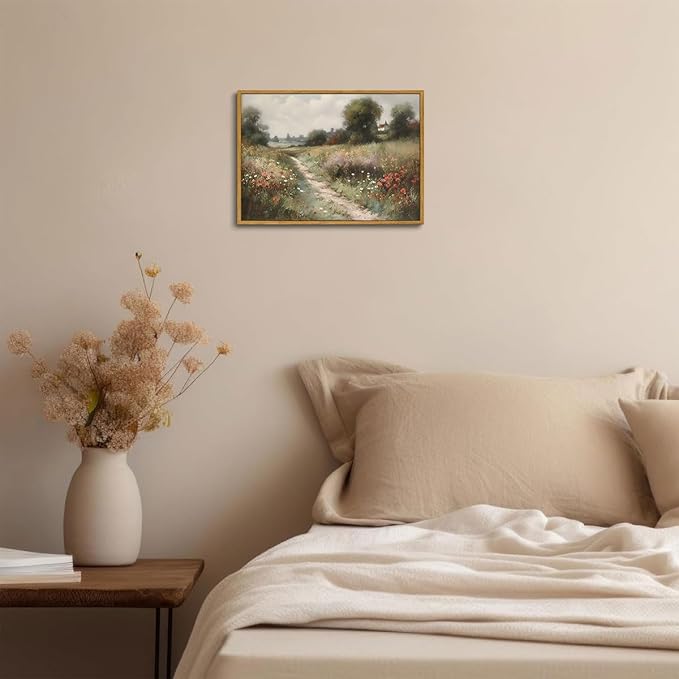 OIQArtOIQ Vintage Landscape Canvas Wall Art Framed Natural Scenery Painting Artwork Prints France Country Wilderness Farmhouse Decor Pictures Kitchen Bedroom Living Room Bathroom