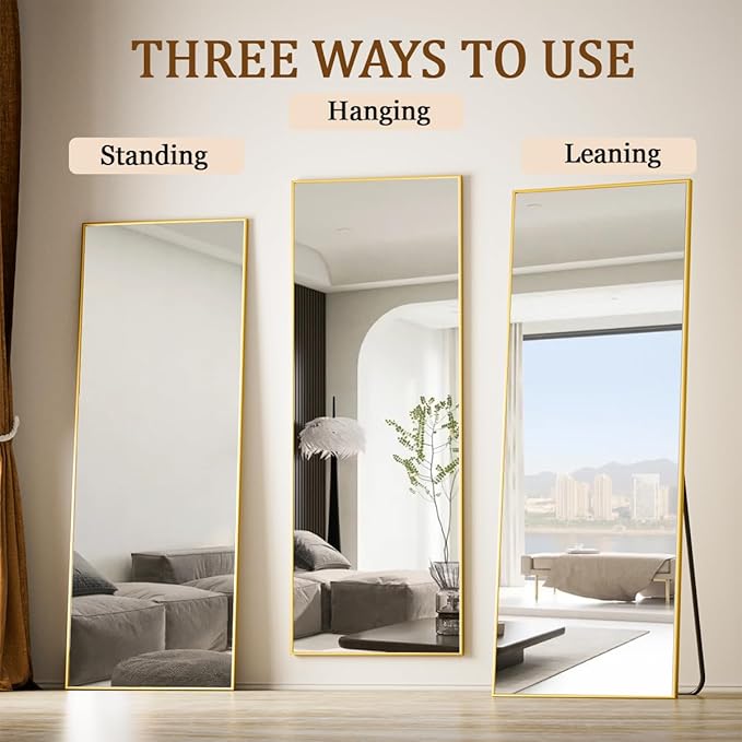 Koonmi 64"x21" Floor Mirror Full Length, Bedroom Floor Body Mirror with Stand, Large Gold Mirror, Leaning, Standing or Hanging Horizontally/Vertically