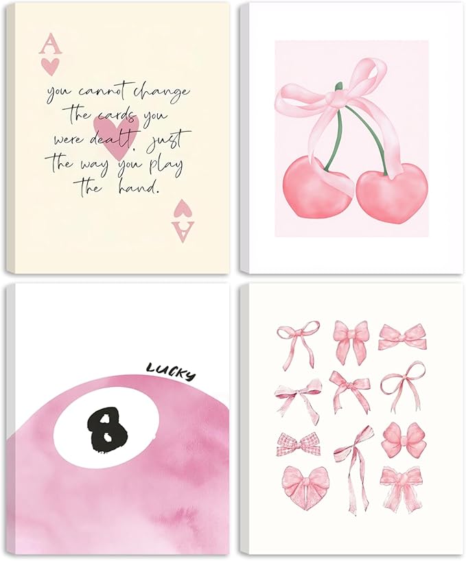 SEHSUVC Pink Coquette Y2K Lucky Wall Art Set of 4, Preppy Aesthetic Canvas Prints, Cherry Bows 8 Ball Ace Card Wall Decor for Girls Bedroom, Dorm, Vanity, for Home Decor 8x10in Framed