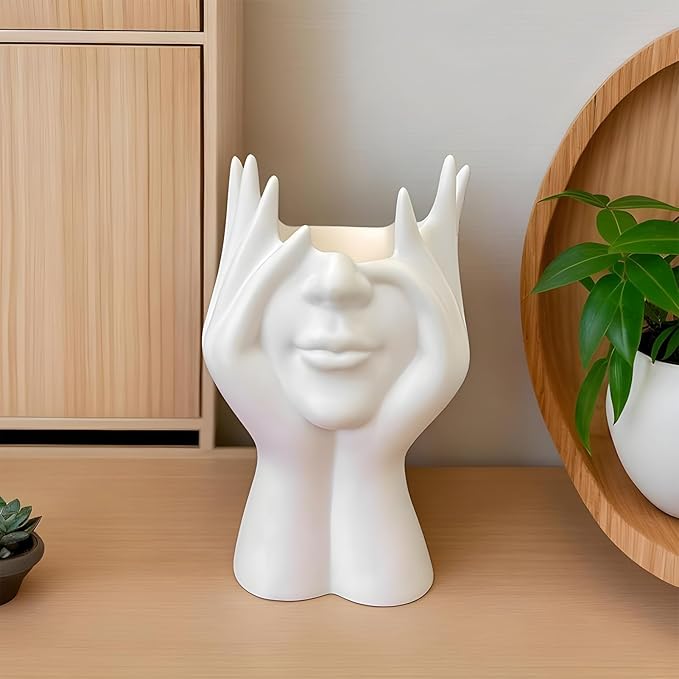 Women's Head Shape Boho Feminist Decoration Body Vase Head Vase Vintage Makeup Brush Holder Boho Makeup Organizer Rotating Makeup Organizer Idealized for Home Decor (white)