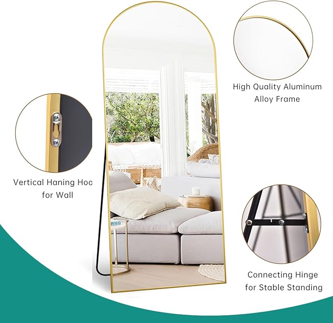 TinyTimes Full Length Mirror, 71''x30'' Floor Mirror with Stand, Arched Wall Mounted Mirror, Large Full Body Mirror with Aluminum Frame Hanging or Leaning for Bedroom, Living Room, Cloakroom (Gold)