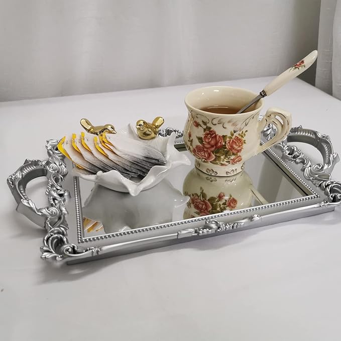 Small Rectangle Decorative Mirror Tray, French Style, Makeup Organizer, Jewelry Organizer, Serving Tray, 13"x 7.8", Silver