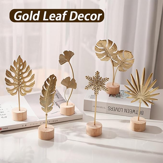Gold Leaf Home Decor Set - Metal Leaves Statues, Modern Artistic Sculptures for Living Room, Office, Shelf & Home Decorative, Handmade 3D Botanical Accents (Monstera, Ginkgo, Snowflake, 3PCS)