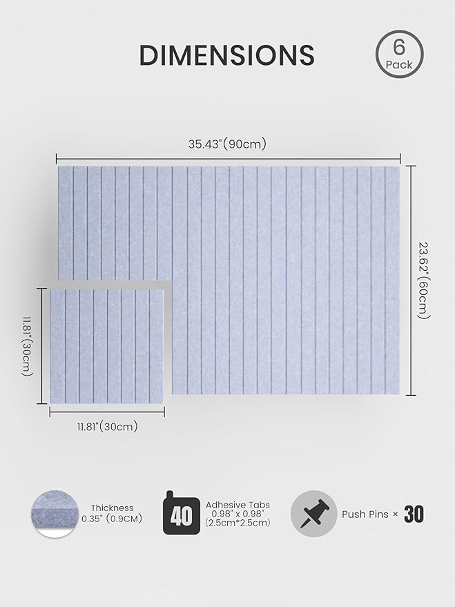 Bumusty Large Cork Board Alternative-36 x 24" Felt Bulletin Board Tiles, with 30 Pushpins, 40 Adhesive Tabs, Fine-Stripe 6-Pack, Cork Boards for Office Push Pin Board-Soft Periwinkle