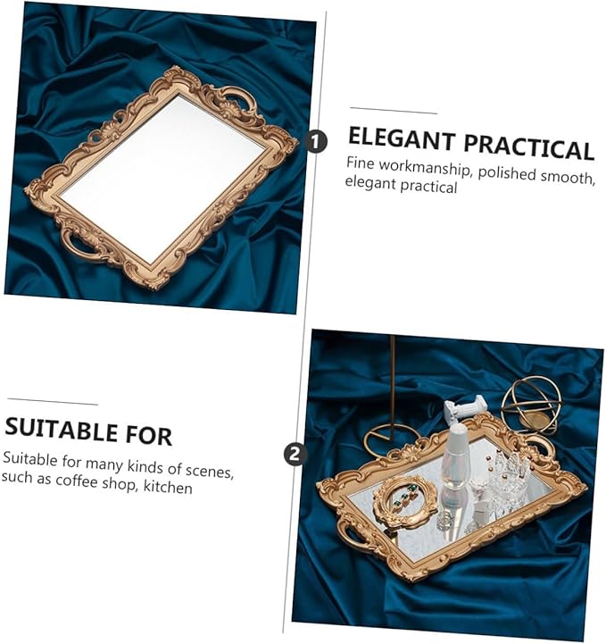 Artibetter Retro European Mirror Tray Decorative Makeup Organizer Perfume Storage Plate Golden Rectangular Household Vanity Display Accent for Home Décor