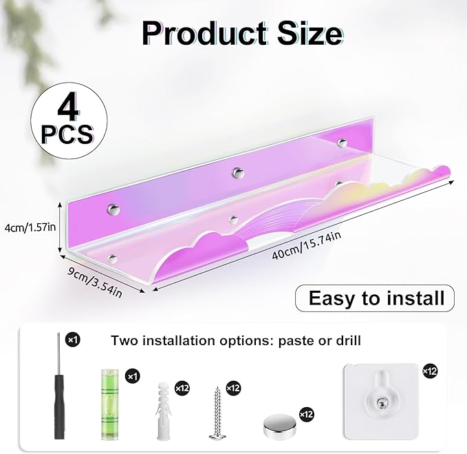 Iridescent Rainbow Acrylic Floating Shelves,15in Kids Wall Mounted Nursery Bookshelves, Display Ledge for Books Toys Cosmetic, Bathroom Bedroom Living Room Wall Decor and Storage, 4 Pack