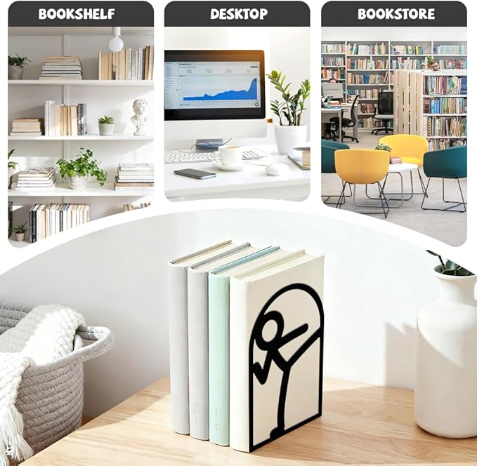 Peacoblue Metal Bookends for Shelves, Modern Decorative Heavy Duty Study Book Ends Stoppers for Office, Desk, Shelf, Room 5.3"x4.3"x7.9" Cast Iron Simple Tall Bookends 1 Pair (Stickman)