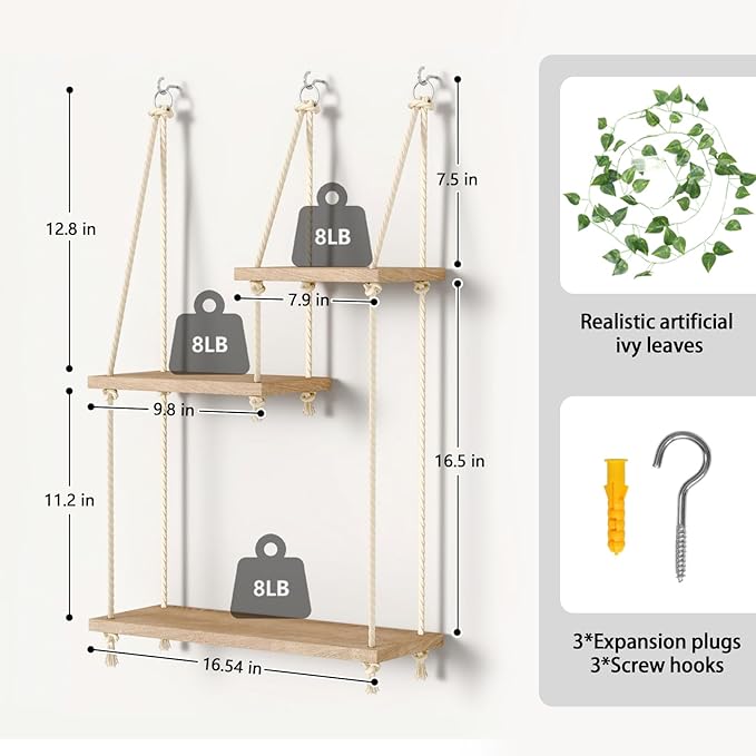 Hanging Shelves for Wall 3 Tier Macrame Rope Floating Shelves with Vine Lights Boho Wall Mounted Decor Wood Organizer Storage Rack for Bedroom, Bathroom, Kitchen
