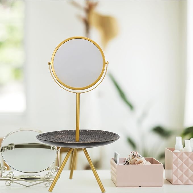 Luxshiny European Style Makeup Mirror with Jewelry Storage Tray Vintage Desk Vanity Mirror for Bedroom with Swivel Function