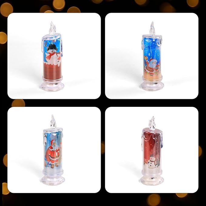 SupBri Flameless LED Candles Set of 4 with Santa Claus, Snowman Decals - Battery Operated Christmas Themed Festival Gift Decorations