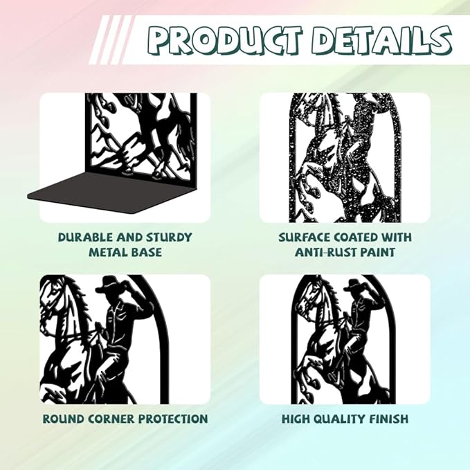 Peacoblue Metal Bookends for Shelves, Modern Decorative Heavy Duty Study Book Ends Stoppers for Office, Desk, Shelf, Room 5.3"x4.3"x7.9" Cast Iron Simple Tall Bookends 1 Pair (Cowboy Horse Riding)