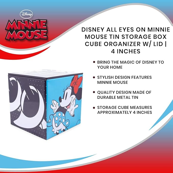 Ukonic Disney All Eyes on Minnie Mouse 4-Inch Tin Storage Box Cube Organizer with Lid | Basket Container, Cubby Cube Closet Organizer, Home Decor Playroom Accessories | Cute Gifts And Collectibles