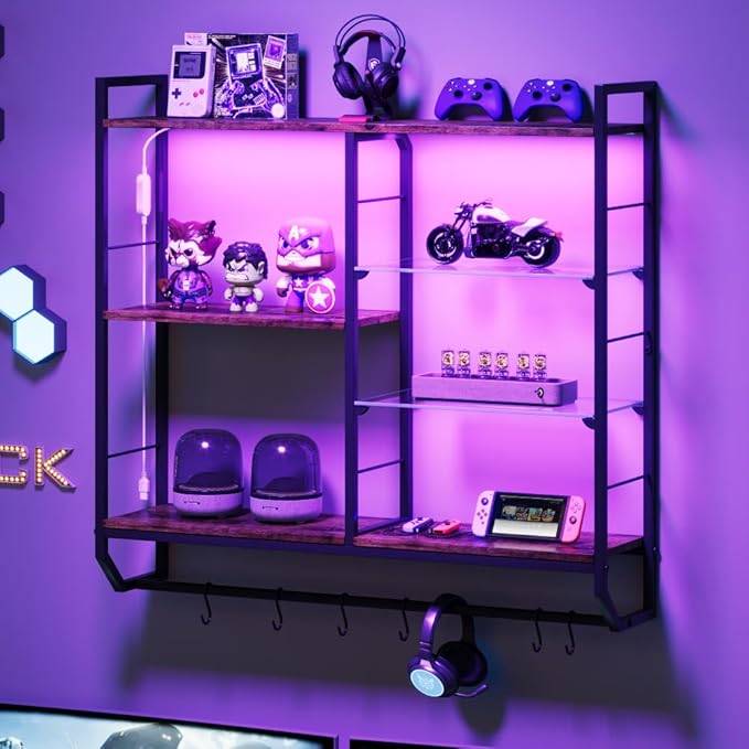 EYCOAL Gaming Floating Shelves, Wall Mounted Wooden Decor Display Shelf with 34" LED Lights and Adjustable Glass Bar Wine Shelf, Extra Hanging Hooks Storage for Gaming Room and Living Room