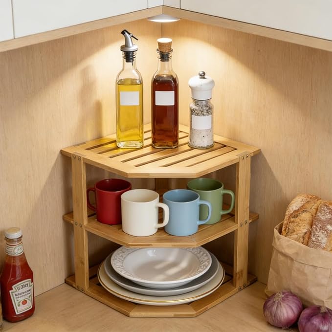 AKAZA 3-Tier Corner Shelf Counter and Cabinet Organizer - Steel Metal Wire - Rust Resistant (Bamboo)