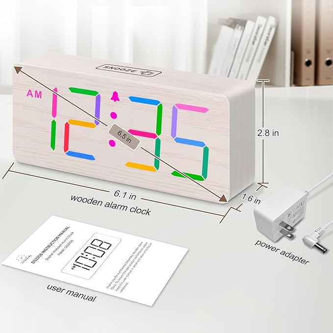 DreamSky Wooden Digital Clock for Bedroom Desk - RGB Loud Alarm Clock for Heavy Sleepers with Volume Control, Large Numbers with Dimmer for Living Room Office, Wood Decor (Plug in Clock)