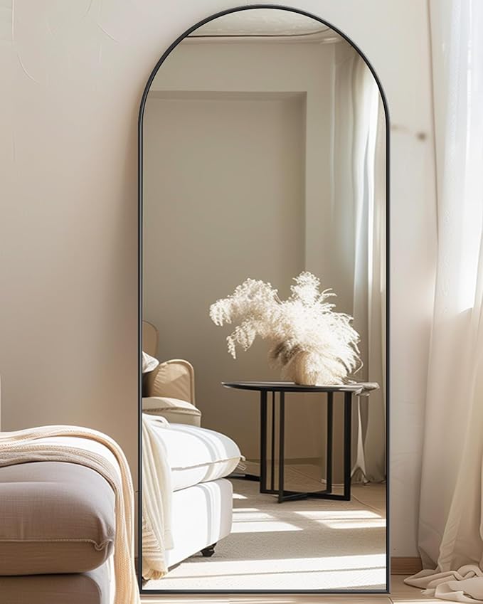 Antok Full Length Mirror, 58"x18" Floor Mirror with Stand, Hanging Mounted Mirrors for Bedroom, Living Room, Cloakroom, Dining Room, Black, Arched