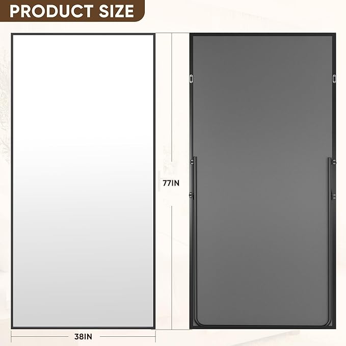 Antok Full Length Mirror, 78"x38" Floor Mirror with Stand, Hanging Mounted Mirrors for Bedroom, Living Room, Cloakroom, Dining Room, Black, Rect