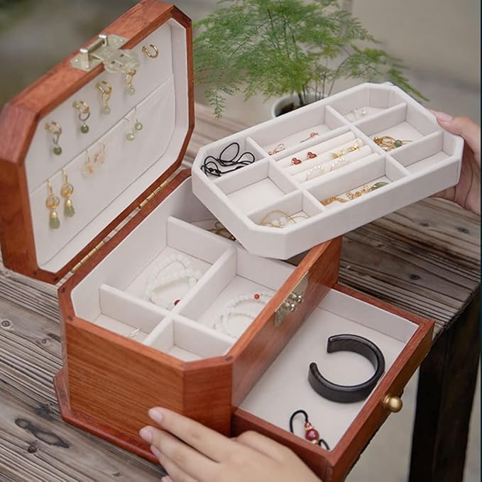 Makeup Organizers Chinese Style Vintage Jewelry Box Wooden 3-Layer Storage Box Cosmetic Box Ring Earring Necklace Bracelet Watch Storage Box 10.11 Inches Jewelry Case