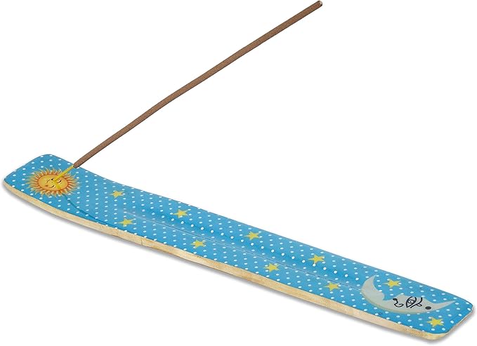 Yajna Traditional-Handmade-Burner Wooden-Incense-Stick-Strip-Holder Ash-Catcher-Stand for-Aromatherapy-Meditation-Yoga (Moon & Stars) 10 Inches, Pack of 1