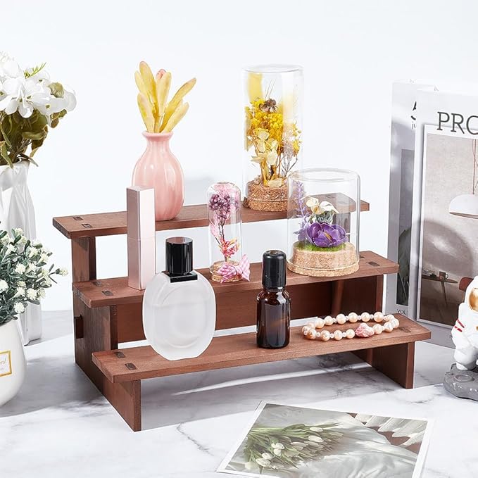 NBEADS 3-Tier Wooden Display Riser Shelf, 7.05x11.65x5.59 Inch Camel Tabletop Small Food Stand Risers Display Makeup Step Perfume Organizer for Fragrance Cosmetics Figure Collection