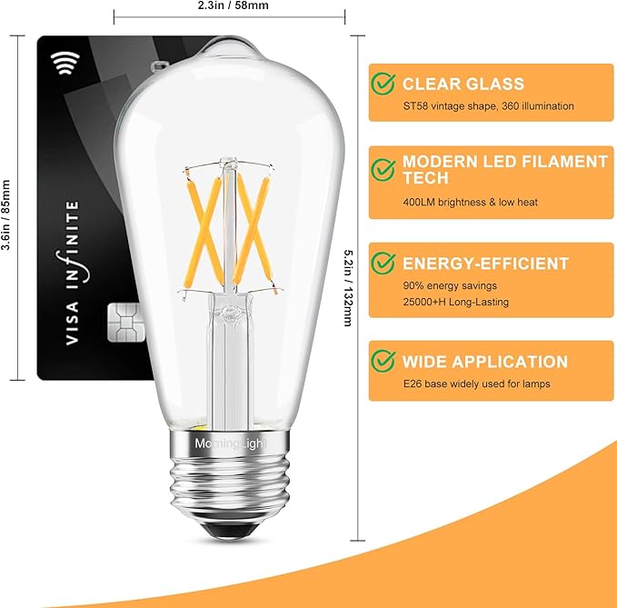 MorningLight 6 Pack Dimmable Vintage LED Edison Bulbs 40Watt, E26 LED Edison Light Bulbs 40 Watt Warm White 2700K, 4W ST58 Antique Decorative Filament Bulb for Farmhouse Pendant, Porch Lights, 400LM