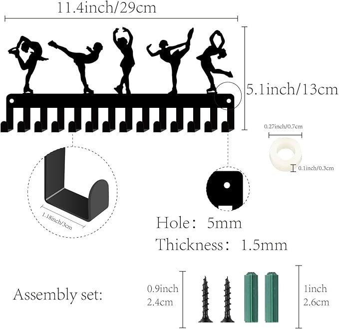 CREATCABIN Figure Skating Medals Holders Medal Display Hanger Small Rack Organizer Metal Ribbon Shelf Stand Frame Decor Wall Mounted Hanging with 14 Hooks for Athlete Sporter Black 11.4 x 5Inch