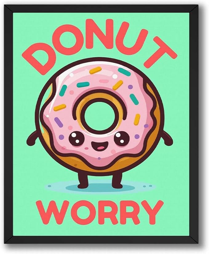 InkFlow Posters Donut Worry Poster - Smiling Donut Illustration - Playful Cartoon Food Art - Kids Bedroom Kitchen Playroom Decor - Cheerful Kawaii Style Print - 16x20 Unframed Canvas Print
