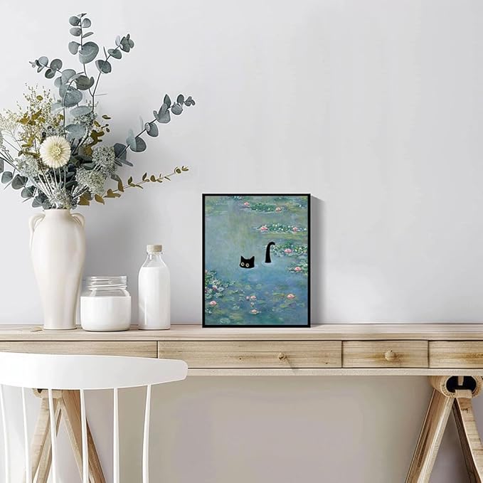 Hamduker Funny Black Cat Wall Art, Monet Art Water Lily Cat Wall Art Decor, Preppy Aesthetic Cat Posters for Bedroom Bathroom Living Room (Size: 11'' x 14''x1pcs)