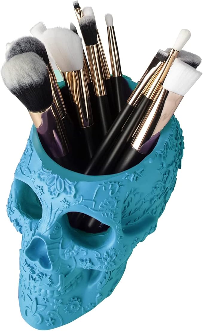 Skull Makeup Brush Holder, Pen Holder, Vanity, Desk, Office Organizer, Stationary, Decor Planter, Candy Bowl, Goth Decorations, Extra Large, Skulls Gothic Skull & Bones Organizer Bathroom (Blue)