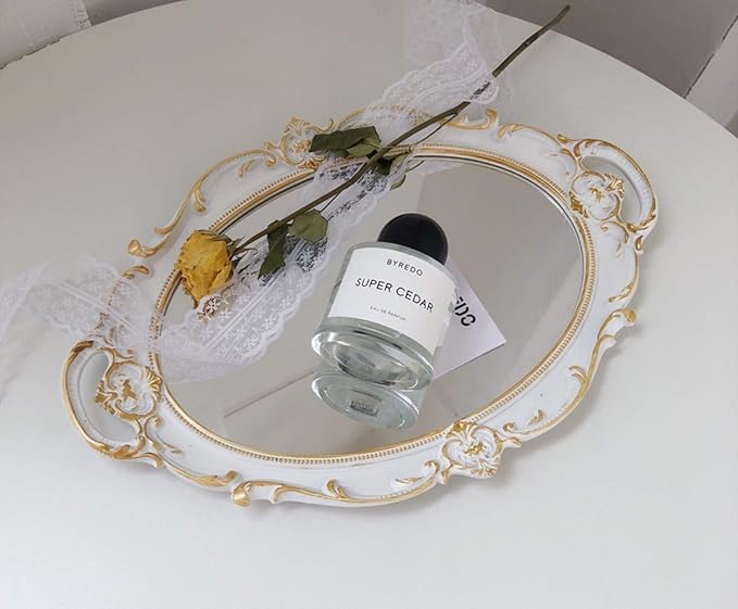 Schones Geschaft Decorative Mirror Tray, Makeup Jewelry Perfume Organizer, Vintage Oval Display and Serving Tray for Bedroom Living-Room Dresser Decor (14.6”x 9.8”) (White - Oval)