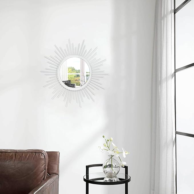 Sunburst Wall Mirror Spoked Home Circle Wall Art Mirror Classic Metal Modern Hanging Mirror, Decor Living Room Bathroom Bedroom Entryway Vanity Office Hallway Housewarming Large 16" White